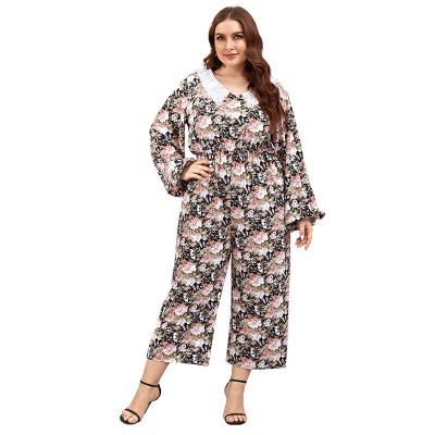 China High Quality Viable Plus Size Overalls For Fat Women Long Sleeve Turn Down Collar Design Print Plus Size Women Overalls Wide Leg for sale