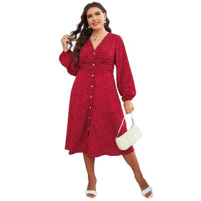 China Anti-Static Casual Dresses Plus Size Women Clothing Free Sample Red Midi Dress Fashion Button Design Plus Size Women's Dresses for sale