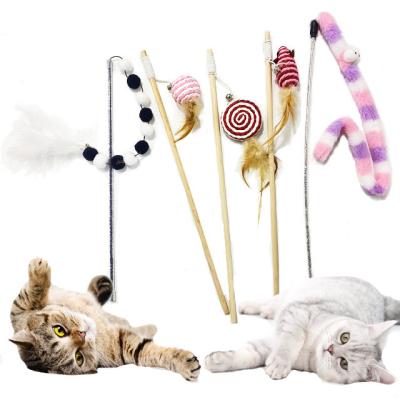 China Wholesale Viable Pet Cat Stick Toy With Catnip Interactive Wooden Mouse Fish Cat Teaser Toy for sale