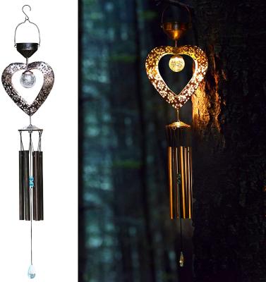 China Modern Solar Led Wind Chimes Crackle Glass Ball Led Light Metal Tubes Waterproof Wind Chimes Heart Shape for sale