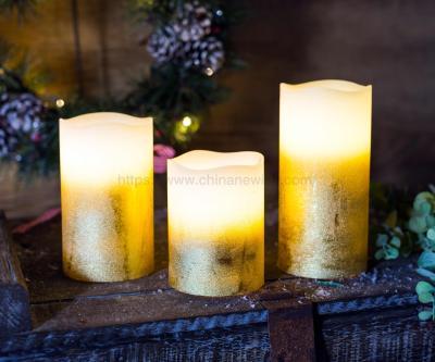 China Kanlong Christmas Flameless Luxury Led Candle Lights in Wax Ivory Base Gold Flameless Led Pillar Candle for sale