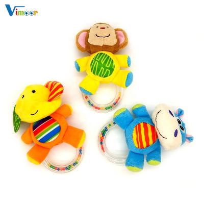 China Eco-friendly Cute Stuffed Animal Design Plush Toys Baby Ring Rattle With Colorful Plastic Balls for sale