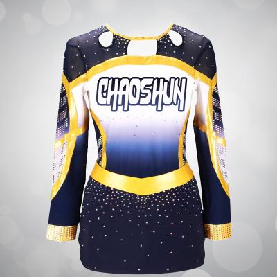 China Professional Custom Wholesale Wicking Cheerleading Uniform Gold and Blue Long Sleeve Two-Piece Adult Competition Uniform for sale