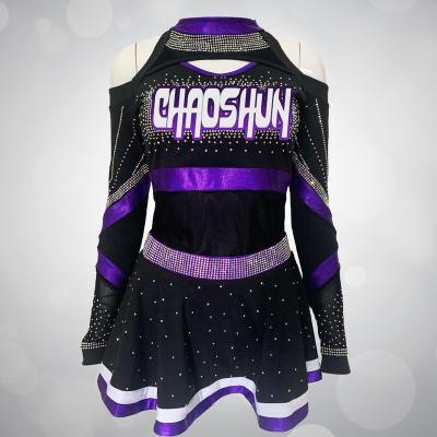 China Custom Wicking Long Sleeve Competition Cheerleading Uniform Shiny Rhinestone Cheerleading Uniform for sale