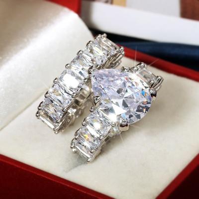 China Water Drop Romantic Luxury Princess Cut Wedding Ring Set For Women Engagement Band Eternity Jewelry Zircon for sale