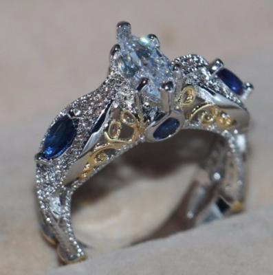 China Wholesale Vintage Marquise Shaped Blue Zircon Ring For Women White Gold Filled Yellow Gold Zircon Stone Filled Wedding Rings for sale