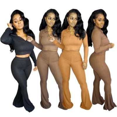 China Fashionable Ladies Anti-pilling 2 PCS Ribbed Outfits Long Crop Tops Flare Pants Fall 2 Piece Set For Women for sale