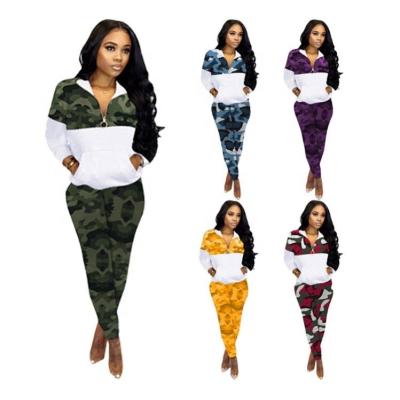 China Popular Ladies Casual Outfits Anti-pilling Long Sleeve Camouflage Patchwork Tops Winter Plus Size Women Pants Two Piece Set for sale