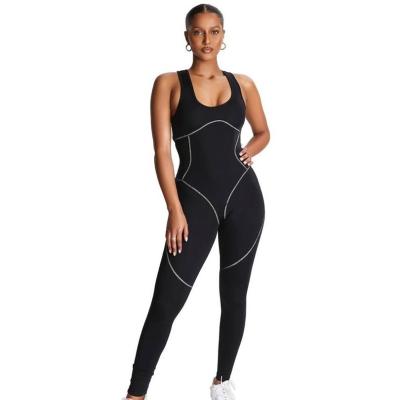 China 2021 Summer QUICK DRY Striped Backless Long Romper Women Active Skinny Sleeveless Workout Street Overalls for sale