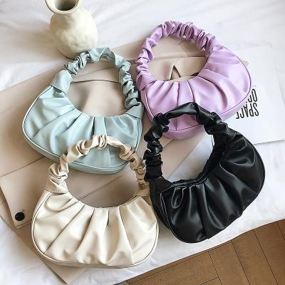 China Fashion\Retro Comfortable\Durable Women Pleated PU Leather Wrinkled Handle Armpit Bag Solid Tote Ruched Wild Female Purse 2022 Cloud Bag Designer Handbags for sale