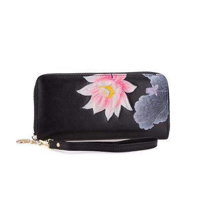 China Printing Flowers 2021 New Fashion Luxury Genuine Leather Ladies Long Zipper Wallets For Trendy Women for sale