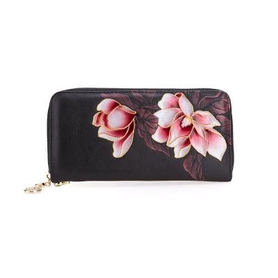 China Printing Flower 2021 New Fashion Luxury Genuine Leather Ladies Long Zipper Wallets For Trendy Women for sale