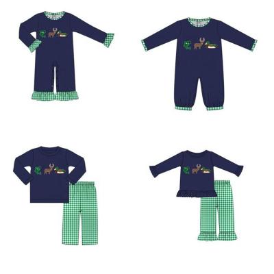 China Duck Applique Girl Boutique Gold Duck and Deer Navy Blue Cotton Baby Boy Romper for sale