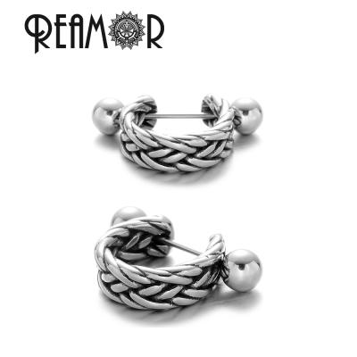 China Water proof REAMOR unique braided pattern silver color circle earrings with double sided stud for men and women earrings jewelry for sale