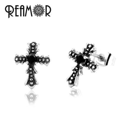 China REAMOR Stainless Steel Religious Cross Earrings Black Zircon Paved Ear Stud Art Jewelry For Women Men Jewelry for sale