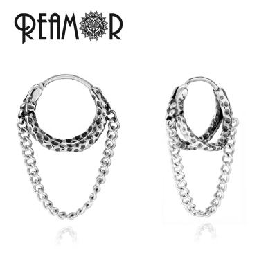 China Water Proof REAMOR Double Circle Stud Earrings With 316L Stainless Steel Long Chain Men's Fashion Ear Jewelry For Women Men for sale