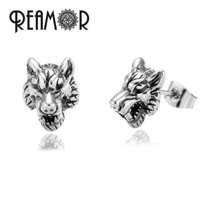 China REAMOR Lead Free Nickel Free Mens Wolf Animal Stud Earrings Punk Wild Style Personalized Stainless Steel Stud Earrings For Men Women Jewelry for sale