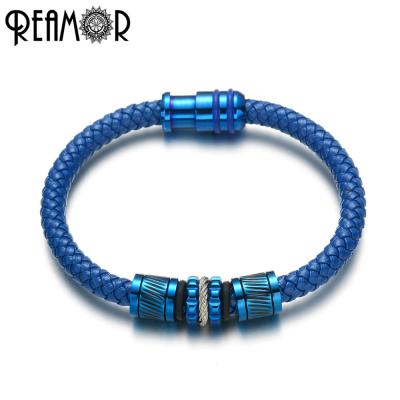 China REAMOR Stainless Steel Custom 361L Stainless Steel Braided Genuine Leather Bracelet with Blue Plating Beads for sale