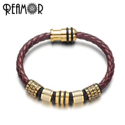 China REAMOR Stainless Steel Mens Gold Plated 361l Stainless Steel Red Brown Genuine Leather Strap for sale