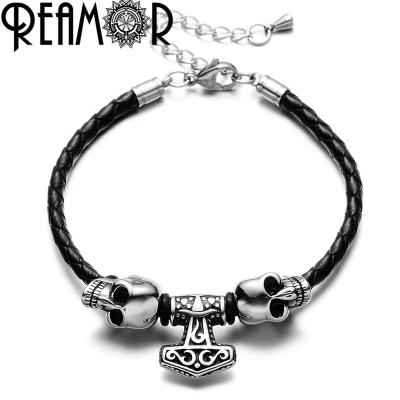 China REAMOR Stainless Steel Mens Skull Head Anchor 316l Stainless Steel Bead Lobster Hugger Adjustable Chain Leather Bracelet for sale