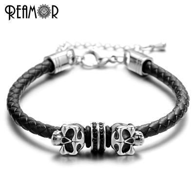 China REAMOR 316l Stainless Steel Skull Beads MM Braided Rope Leather Bracelet With Adjustable Chain for sale