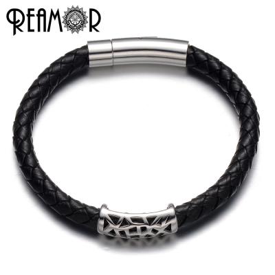 China REAMOR Men's 316l Stainless Steel Black Pearl Real Leather Genuine Leather Bangle Bracelet for sale