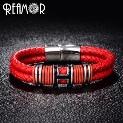 China REAMOR 316l Stainless Steel Letter H Design Double Layer Braided Leather Bracelet For Women Men for sale