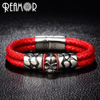 China REAMOR 316l Stainless Steel Double Slot Skull Head Design Leather Rope Bracelet for sale