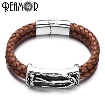 China REAMOR 316l Stainless Steel Anchor Double Layers Genuine Leather Braided Leather For Men Fashion Jewelry for sale