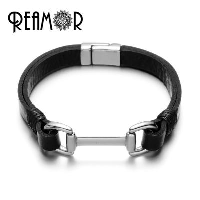 China REAMOR Stainless Steel 316L Flat Genuine Leather Connector Bracelet for sale