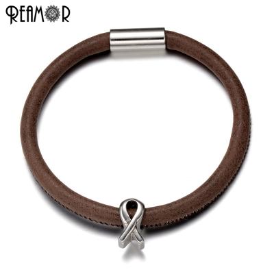 China REAMOR Stainless Steel Simple Leather Breast Cancer Lucky Beads Leather Bracelet With Magnetic Clasp for sale