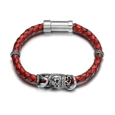 China Retro Style DIY Skull Charm Men's Handmade Leather Bracelet & Rope Genunie Reamor Stainless Steel Red Leather Rope Bracelet for sale