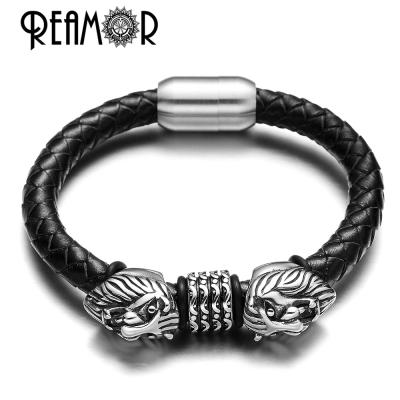 China REAMOR 2019 Stainless Steel Men's Lion Animal Bead Genuine Leather Bracelet 316l Stainless Steel For Magnet Clasp Bracelet Jewelry for sale