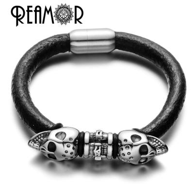 China REAMOR Mens 361L Stainless Steel Skull Head Skeleton Beads Braided Genuine Leather Bracelet For Clasps Magnetic Hang; and for sale