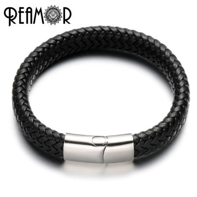 China REAMOR Stainless Steel Men Simple Style Wide Braided 361L Stainless Steel Magnet Buckle Leather Bracelet For Charm 20119 for sale