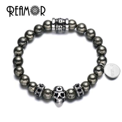 China REAMOR Antique Punk Silver Natural Round Iron Pyrite Stone 361l Stainless Steel Skull Bead Strand Bracelet For Men 2019 for sale