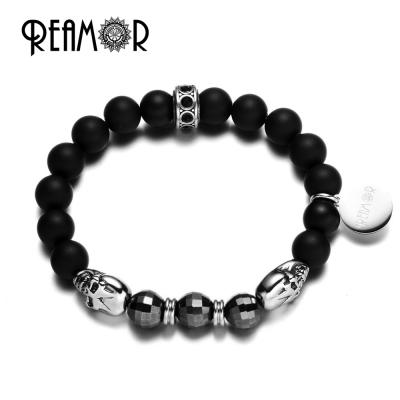 China REAMOR 8mm Matte Onyx Hematite Natural Stone Main Bead Hematite Bracelet Jewelry 316l Stainless Steel FASHIONABLE Black Skull for sale