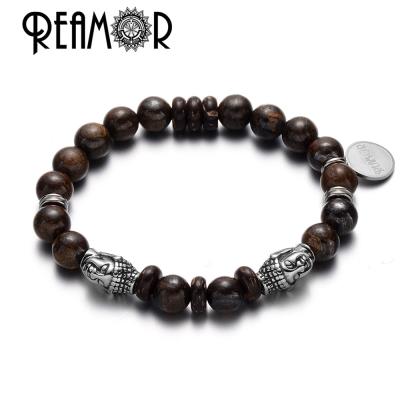 China REAMOR Bronzite Gem Stone 361l Natural Stainless Steel Buddha Prayer Yoga Bead Religious Bracelet For Women Men Jewelry for sale