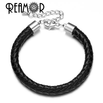 China Free Shipping REAMOR 8mm 316l Stainless Steel Genuine Leather Lobster Hugger Chain Bracelet Adjustable For Women Men for sale