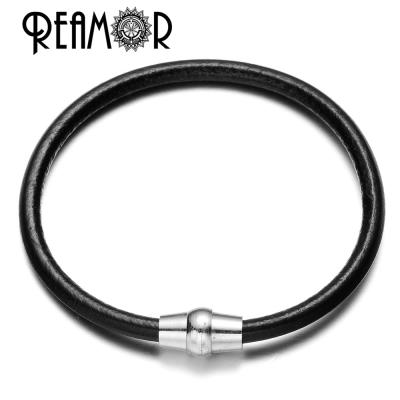 China Free Shipping REAMOR 4mm Leather Black Red Pink Colors Leather 316l Stainless Steel Magnet Clasp Bracelet For Women Men for sale