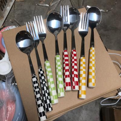 China Viable Spoon Knife Stainless Steel Checkerboard Solhui Solhui Handle Cutlery Knife Spoon and Fork Ceramic Set for sale