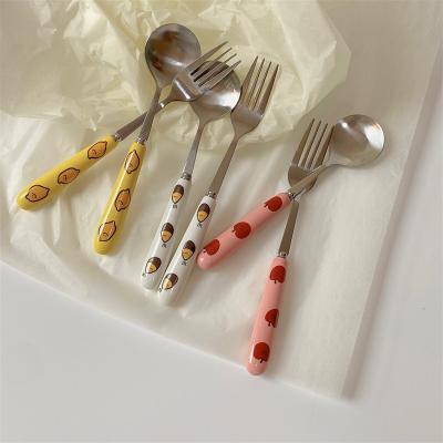 China Viable Solhui Statistical Institute Cartoon Stainless Steel Cutlery Spoon And Fork Set With Fruit Print for sale