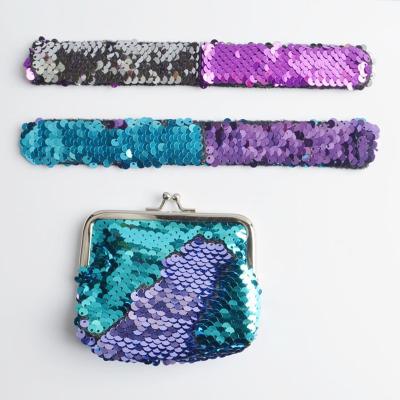 China Sequin Bag with Bracelet Solhui Amazon Shiny Sequin Wallet Snap Bracelet Set Coin Glitter Purse with Bracelet for Girls Kids Reversible for sale