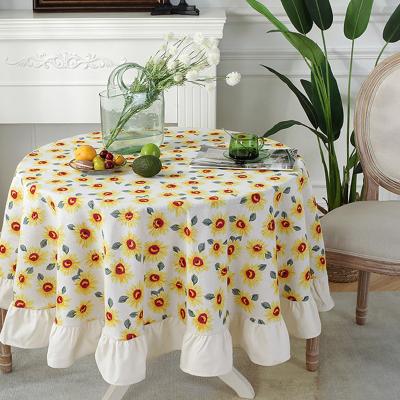 China Pastoral Cheap Glorious Yellow White Cotton Ruffle Print Sunflower Round Linen Tablecloth for sale