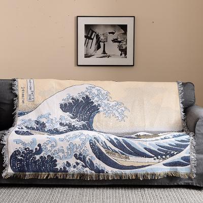 China Fashionable and durable best sell wholesale Bohemian style wave pattern household eco-friendly cotton and tassels linen blankets for sale