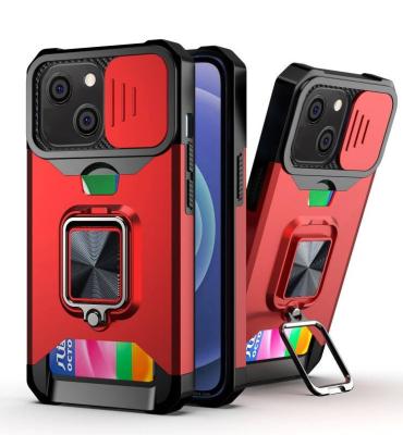 China Camera Phone Cover Design PC+TPU Shockproof Magnetic Sliding Shockproof Case with Ring Holder and Card Slot for IPhone SAMSUNG Google for sale