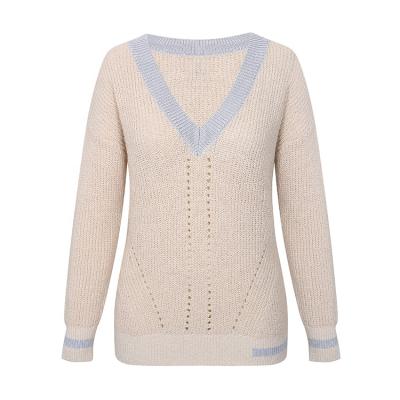 China Anti-wrinkle style stripe rayon v neck women cotton sweater preppy woman sweater for sale