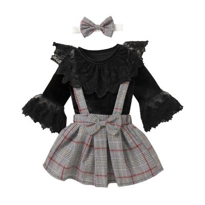 China Autumn Winter New Breathable Baby Girl Clothes Flare Sleeve Velvet Romper Plaid Suspender Dress Bow Headband 3pcs Costume Kids Outfit Set for sale