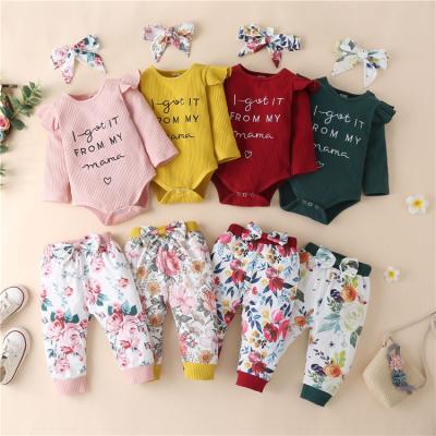 China Autumn Newborn Baby Clothes Set Breathable Striped Romper Panty Headband 3pcs Suit Toddler Outfit Floral Kids Clothes For Girl for sale