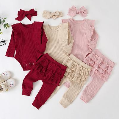 China Autumn Winter Newborn Baby Outfits Breathable Cable Striped Long Sleeve Romper+Ruffled Pant+Headband 3pcs Girls Set for sale